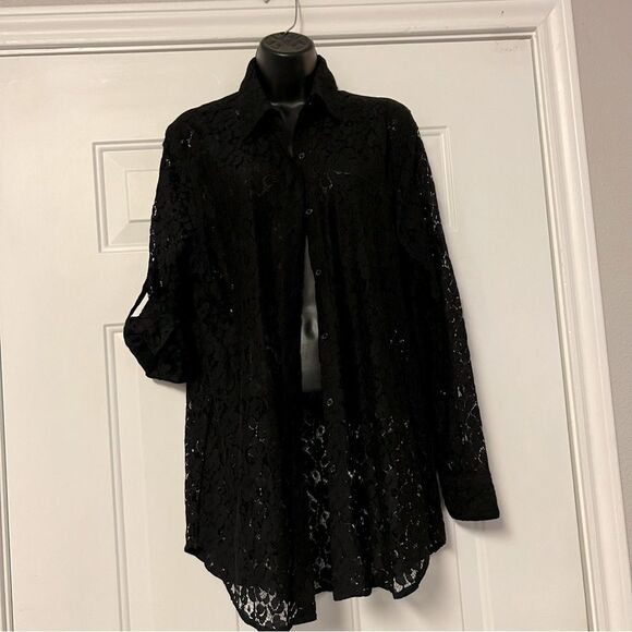 90s Calvin Klein Lace Sheer Black Button Down Tab Sleeve Oversized Tunic Shirt M - Picture 2 of 14